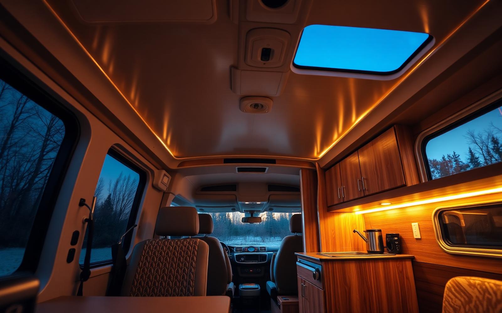 Camperinterieur met warme LED-verlichting
